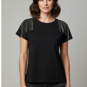 Rebecca Minkoff Black Short Sleeve Top with Fringe Detail